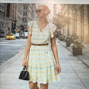 Melissa Nepton Yellow white and blue green ruffle sleeve ruffle skirt Dress- nwt